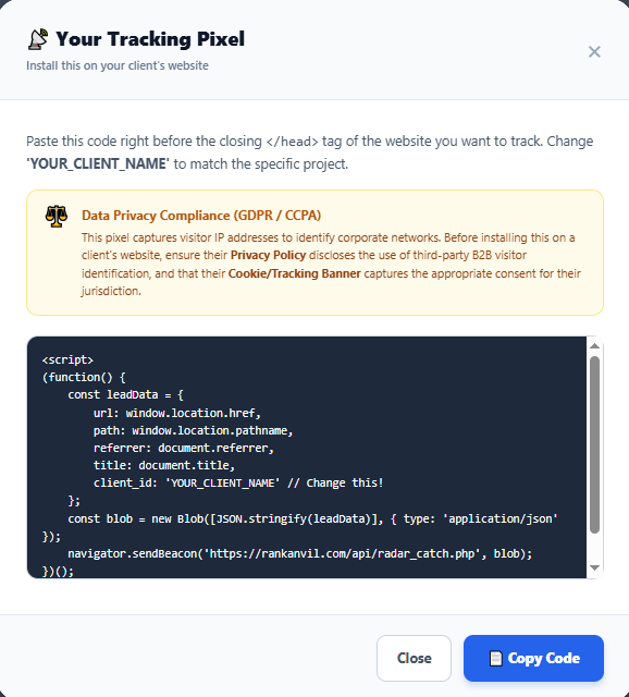 B2B Radar Tracking Pixel Modal